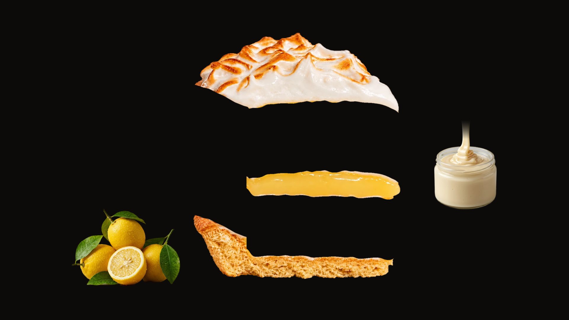 Porción de Pie de Limón separada en merengue, crema de limón y base de galleta, con limones y leche condensada alrededor