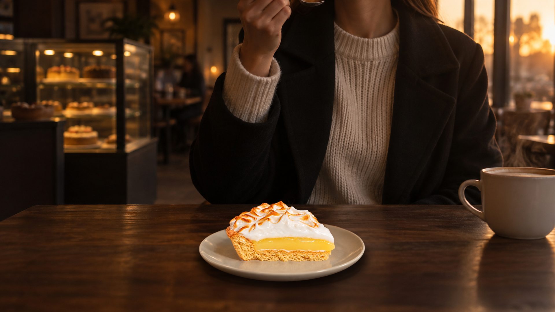 Persona comiendo en la cafetería de Abel Bakery's: sostiene un tenedor con un bocado y, sobre el plato, hay un trozo de Pie de Limón con merengue tostado